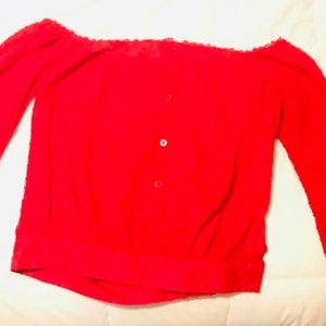 CUT RED OFF THE SHOULDER BUTTON UP